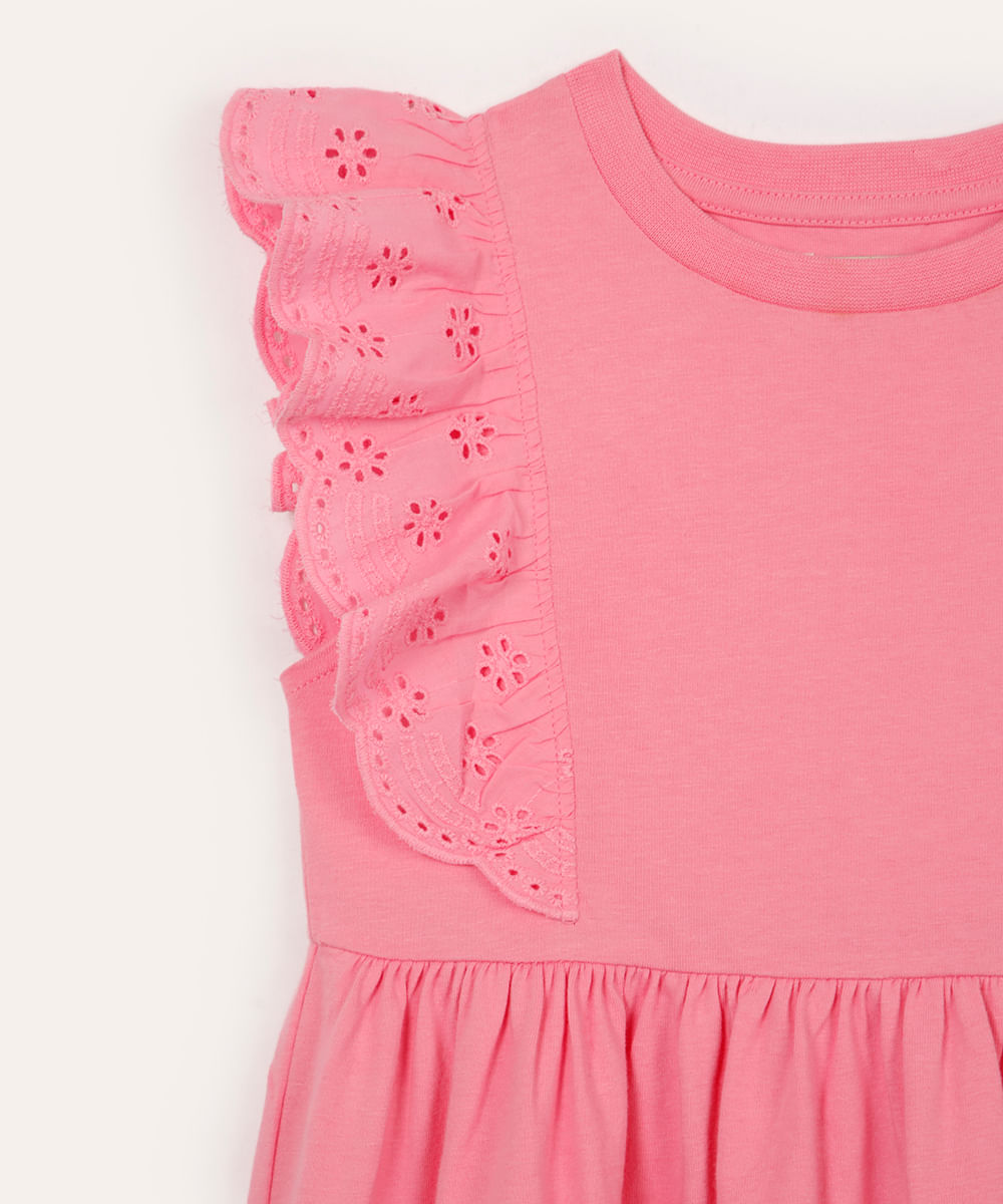 vestido curto infantil com laise floral rosa