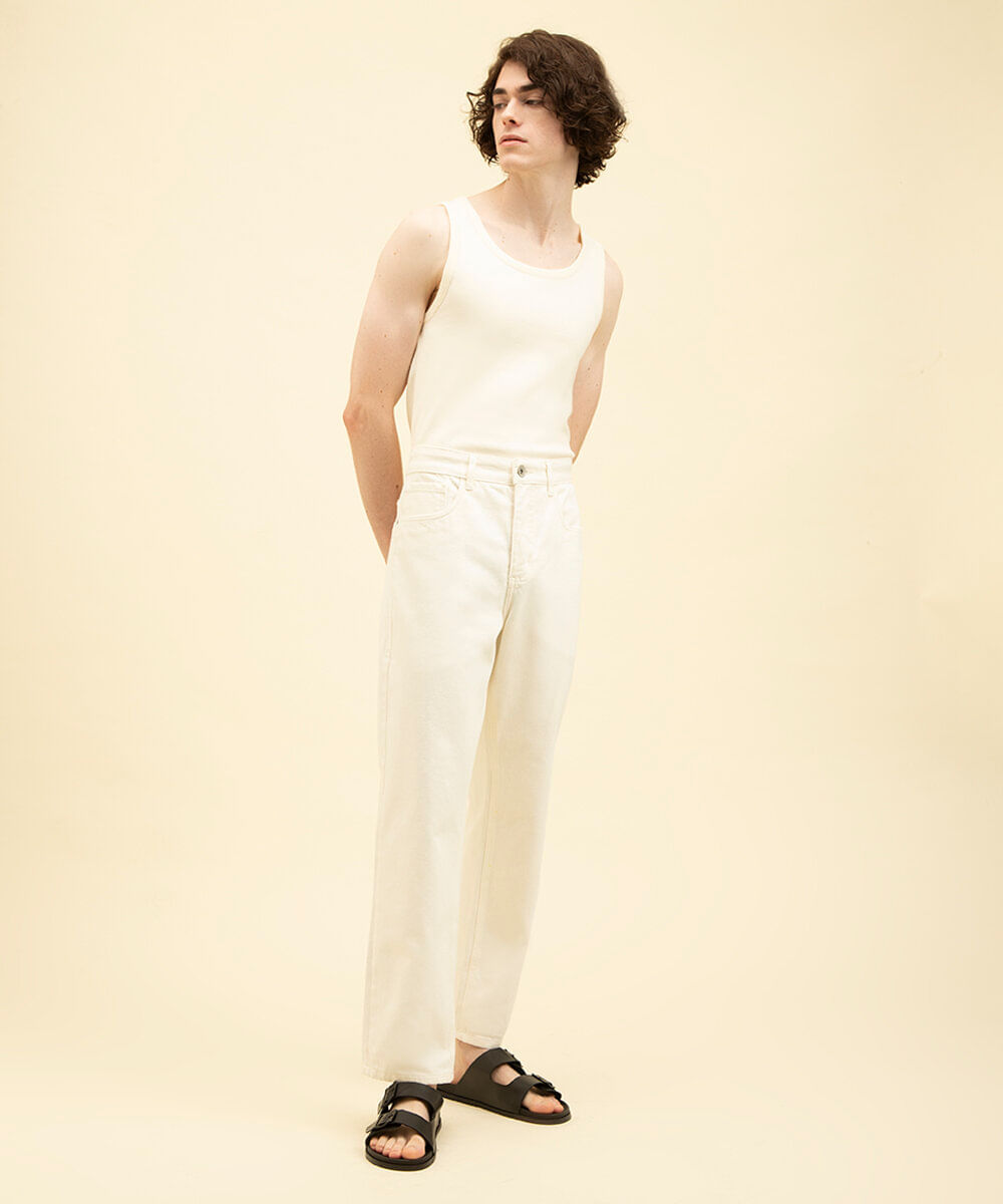 calça reta de sarja com bolsos off white