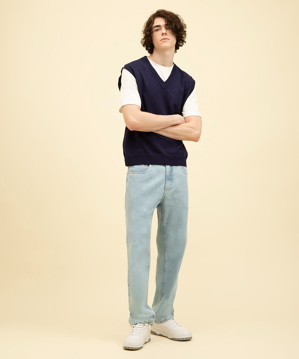 colete de tricot gola v azul