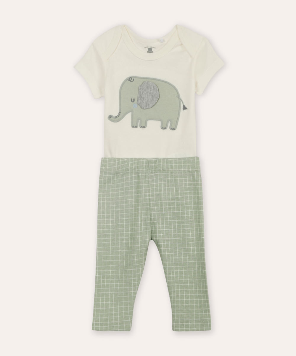 conjunto infantil longo quadriculado elefante off white