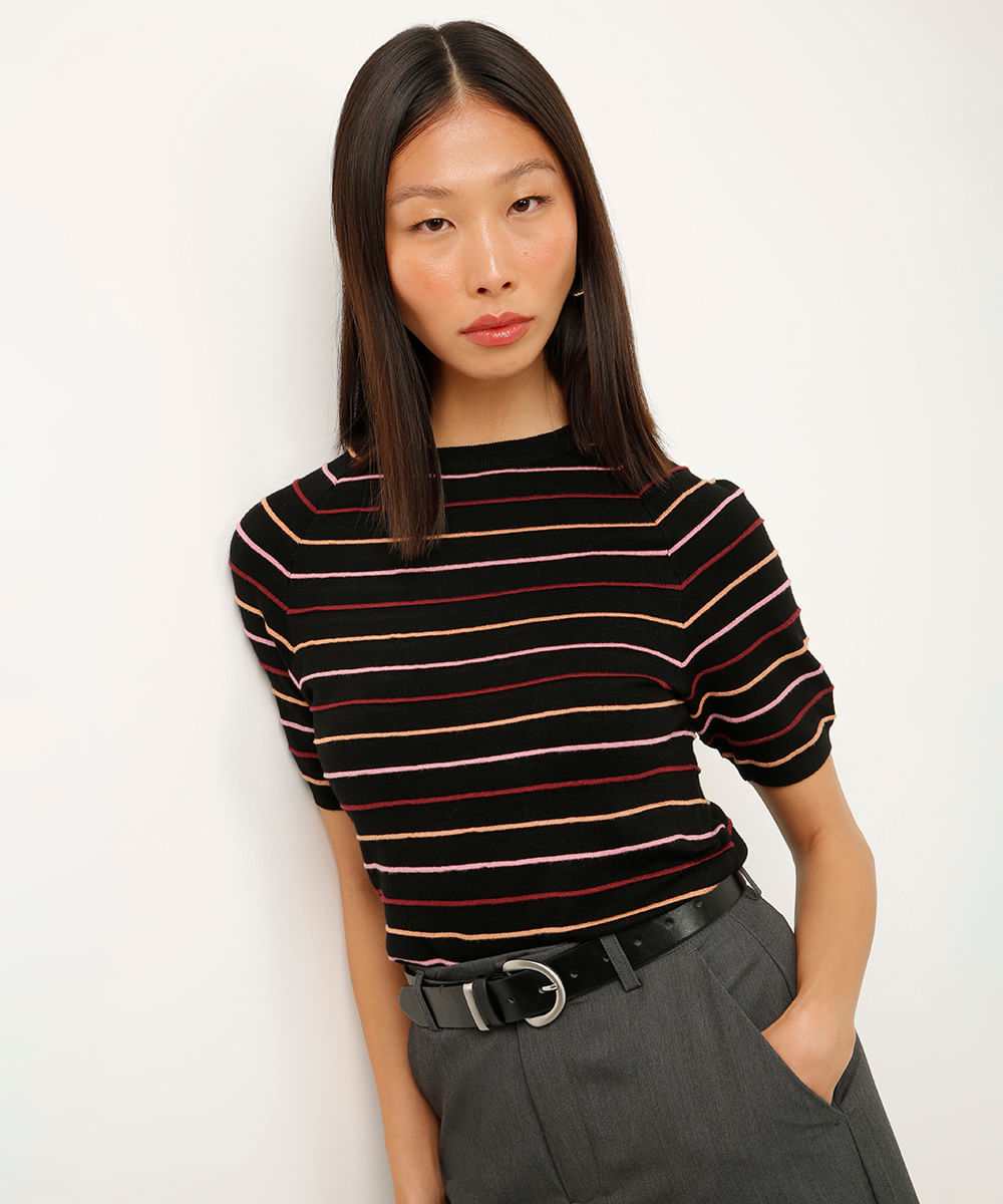 blusa de tricot texturizada listrada preta