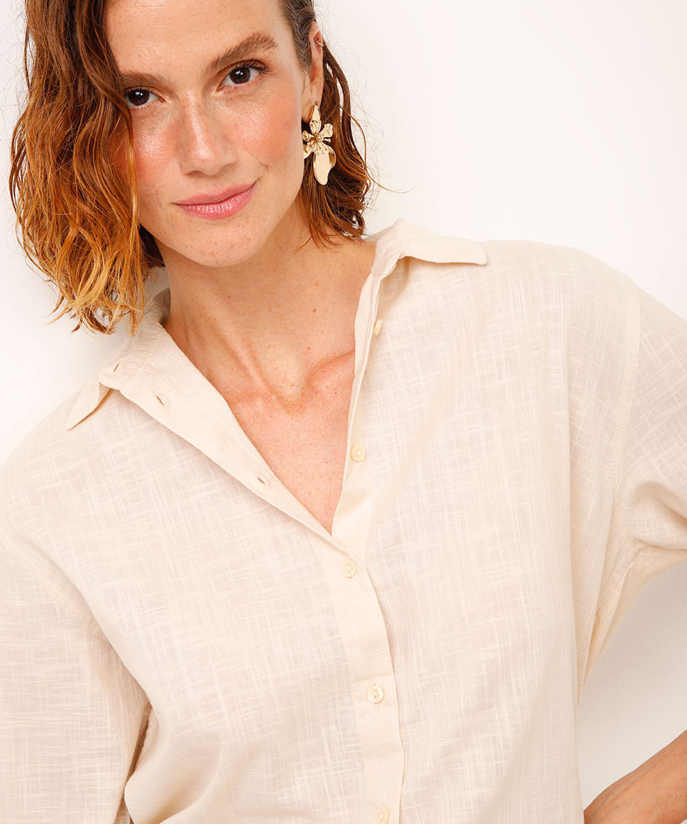 camisa de algodão manga longa bege