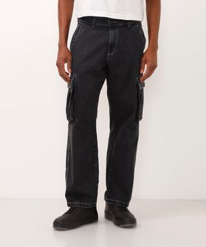 calça jeans wide leg cargo preta