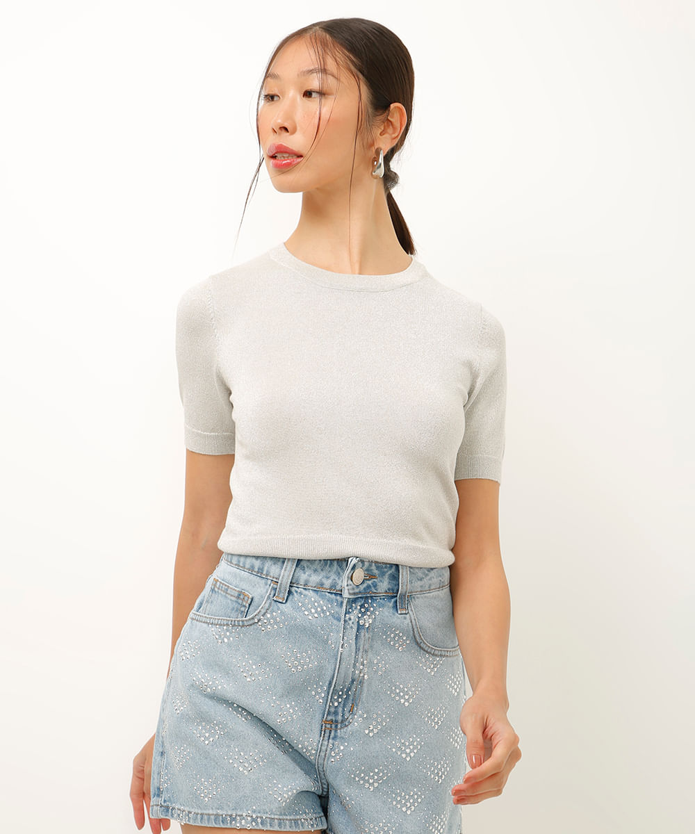 cropped de tricot com lurex prateado