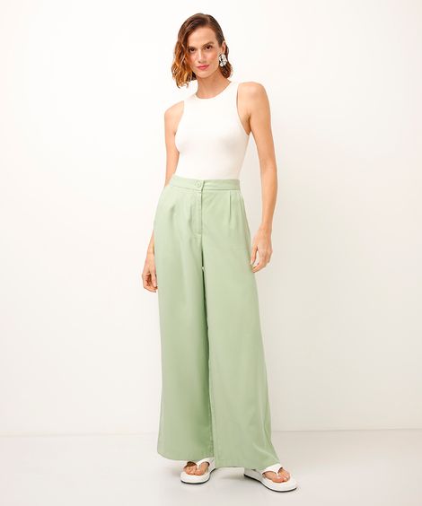 calça wide leg de viscose cintura alta com elástico - verde claro