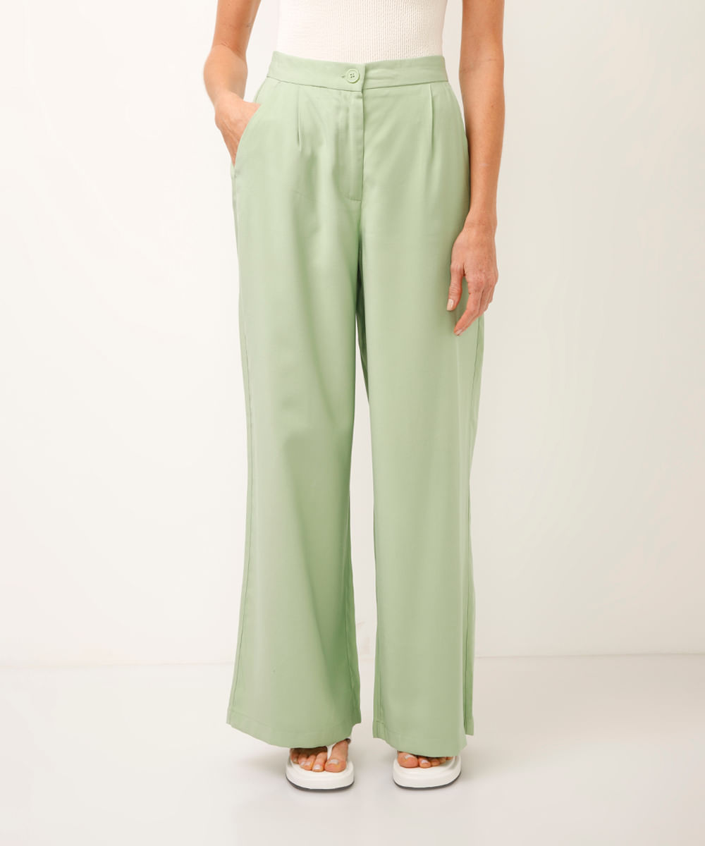 calça wide leg de viscose cintura alta com elástico - verde claro