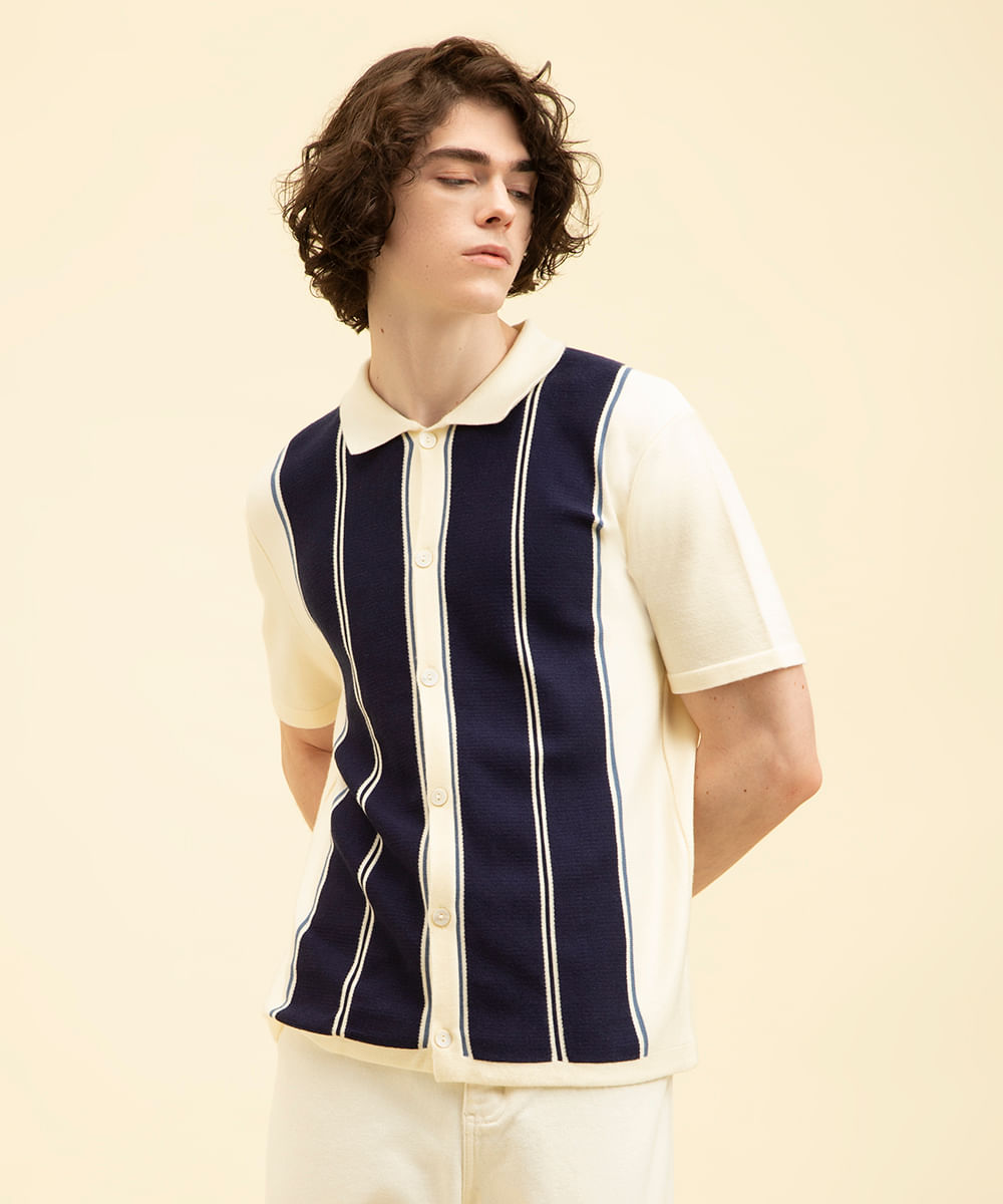 camisa de tricot manga curta listrada colorida