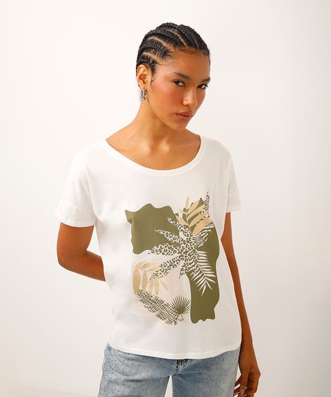 camiseta de algodão folhagens metalizada off white