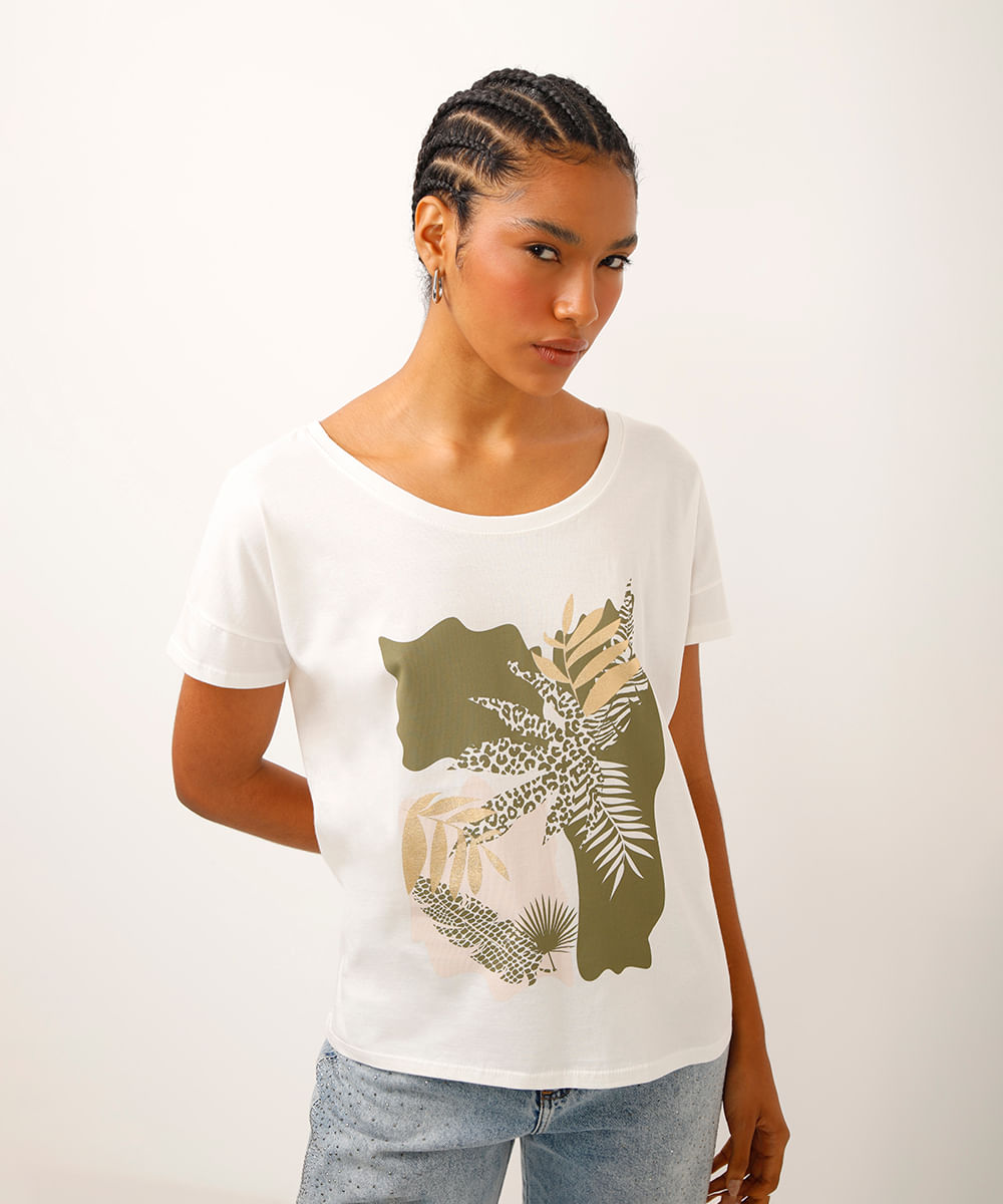 camiseta de algodão folhagens metalizada off white