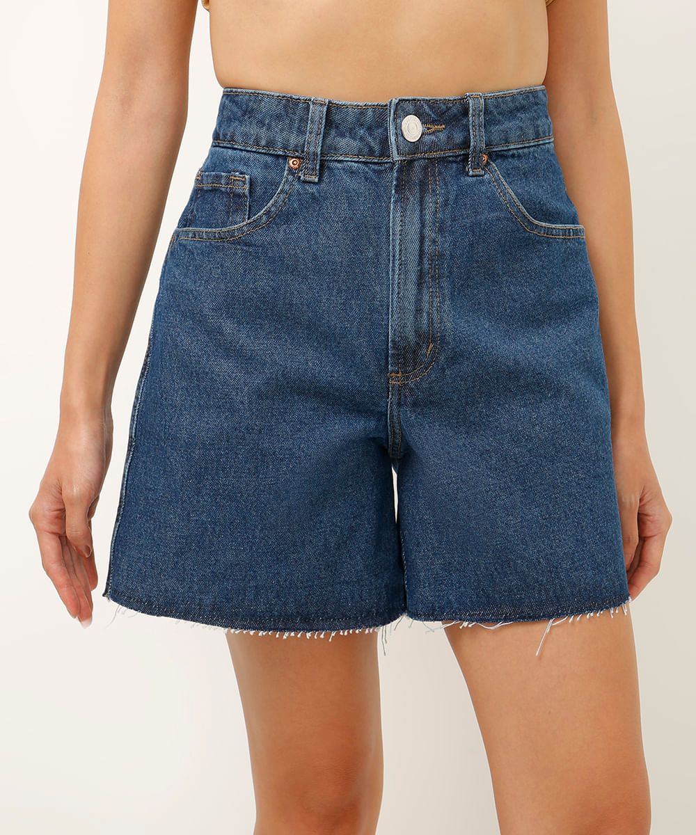 short jeans cintura alta barra a fio azul