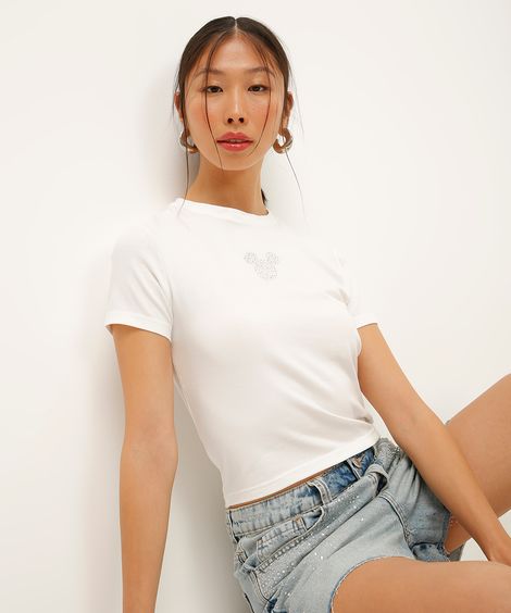 camiseta de algodão mickey com brilhos off white
