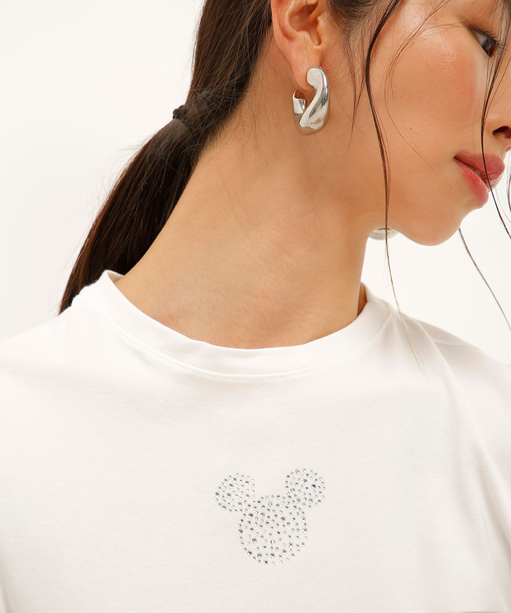 camiseta de algodão mickey com brilhos off white