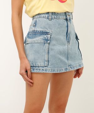 short saia cargo jeans azul