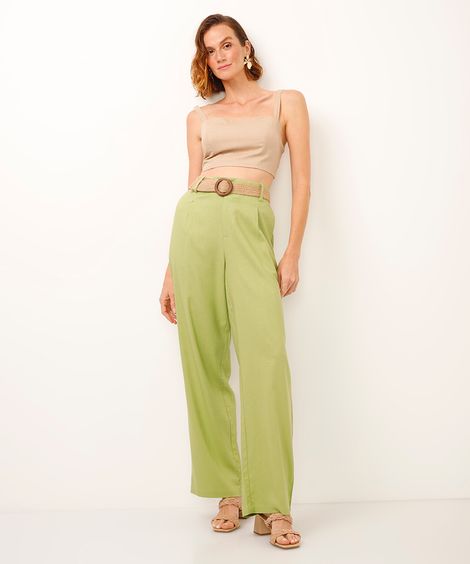 calça reta com linho e cinto verde
