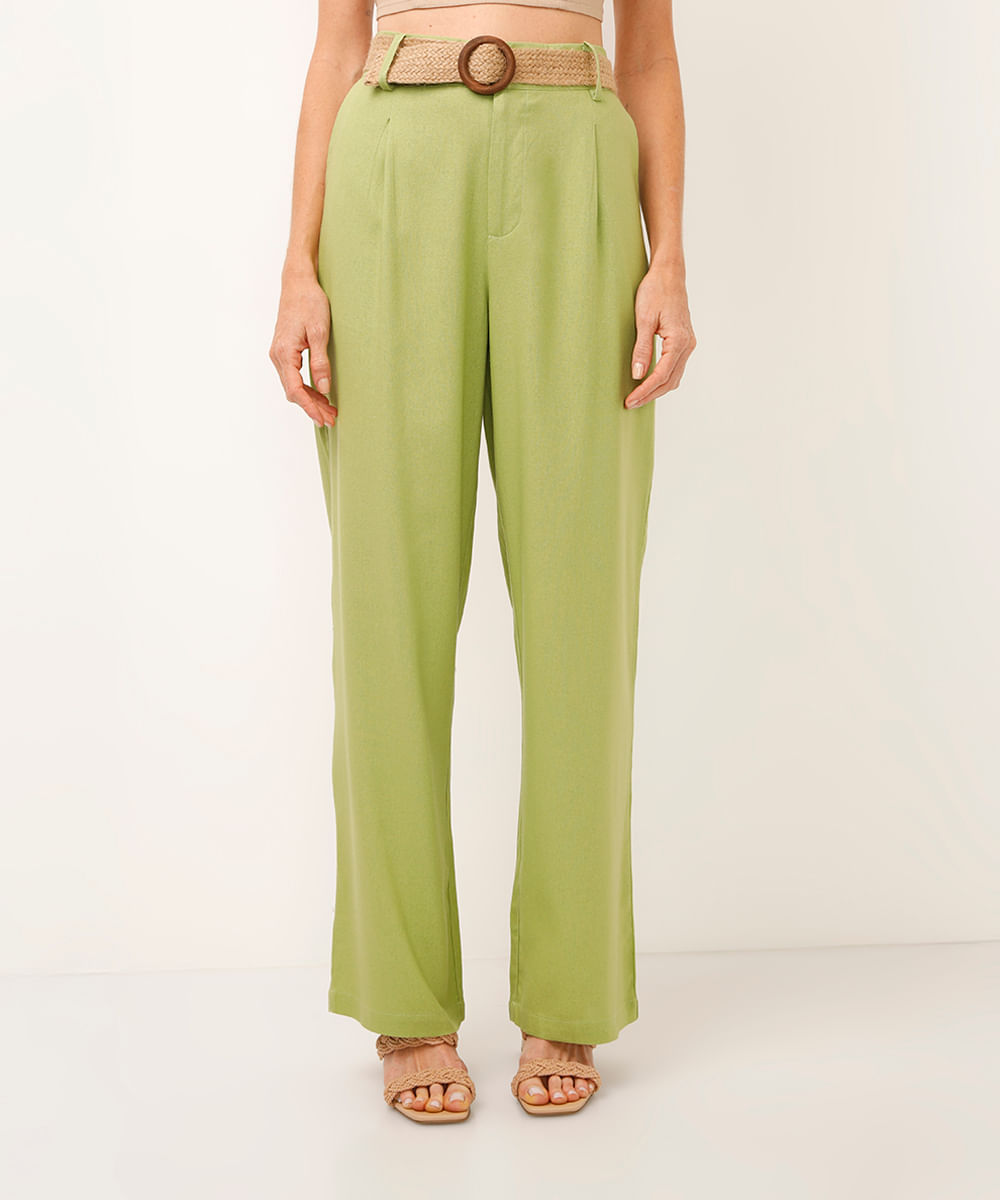 calça reta com linho e cinto verde