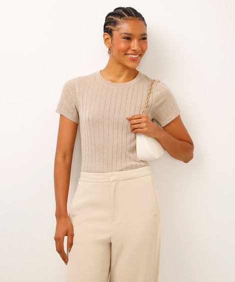 blusa de tricot canelada com lurex dourada