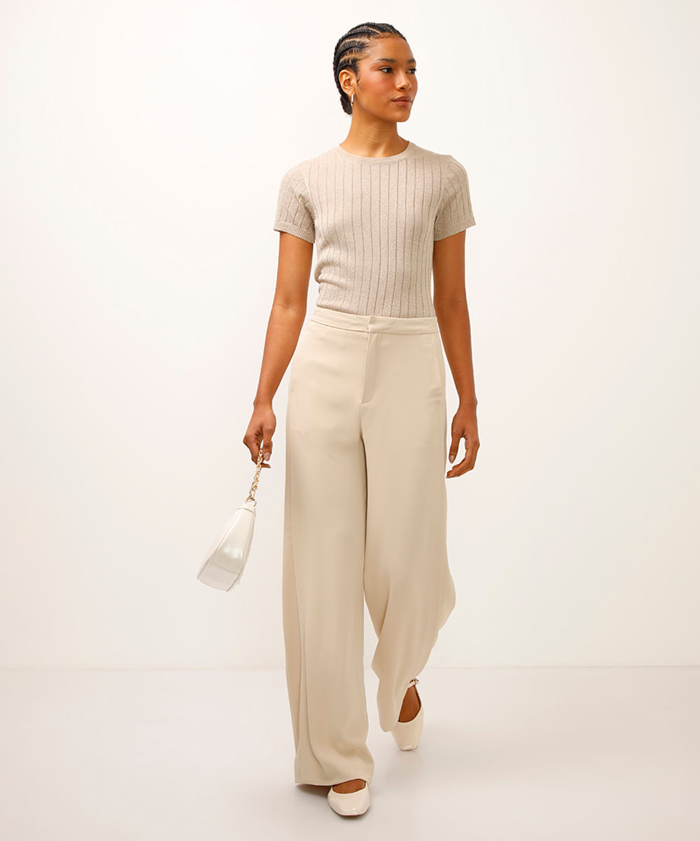 blusa de tricot canelada com lurex dourada