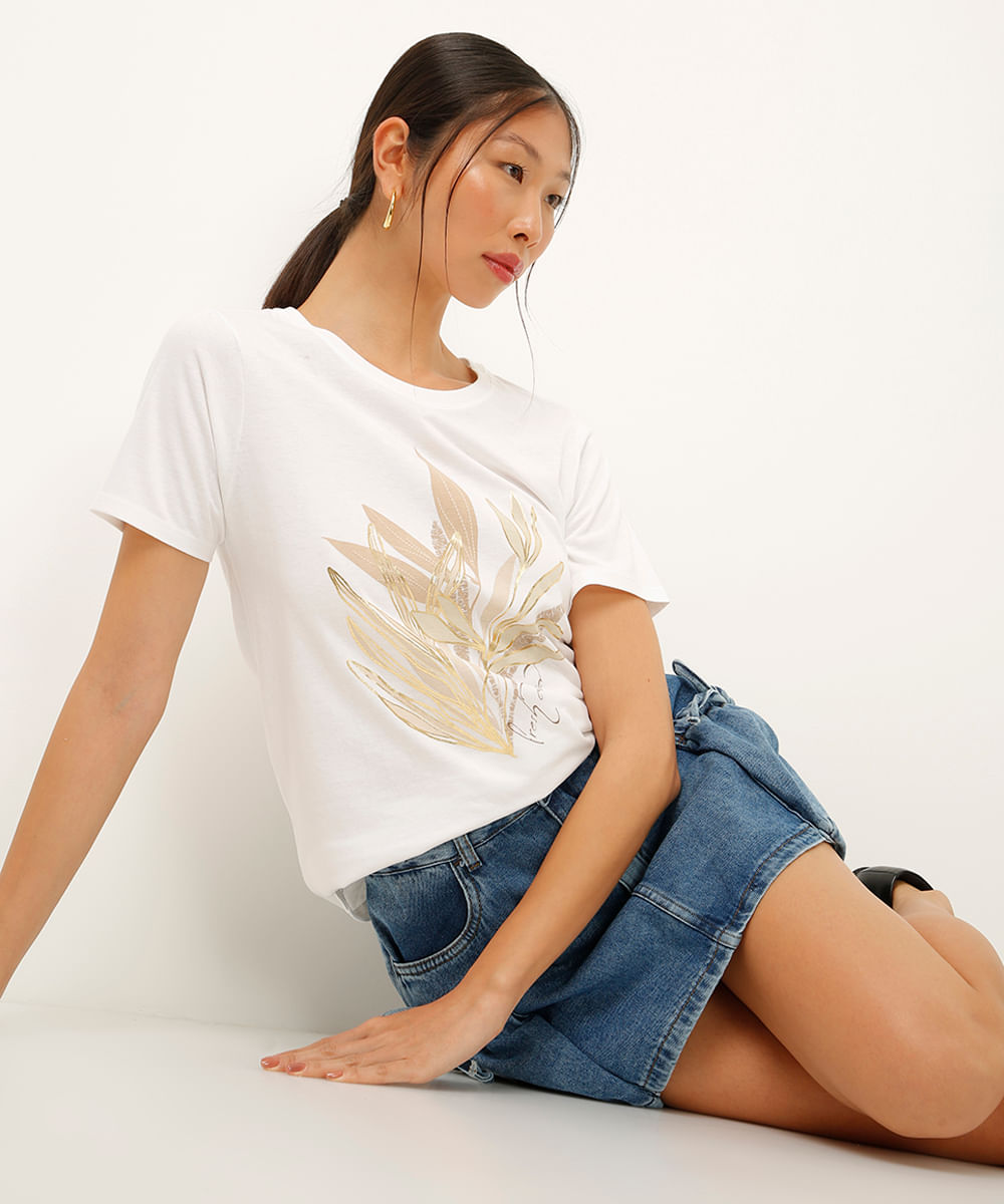 camiseta de algodão folhagens metalizada off white