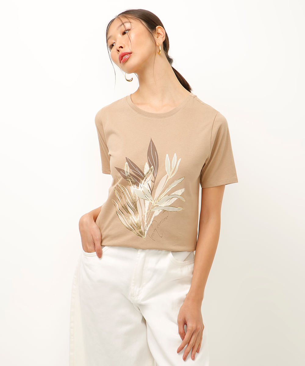 camiseta de algodão folhagens metalizada bege