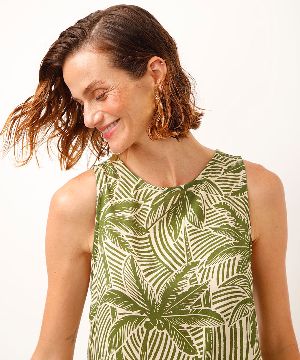 vestido curto de viscose folhagens verde