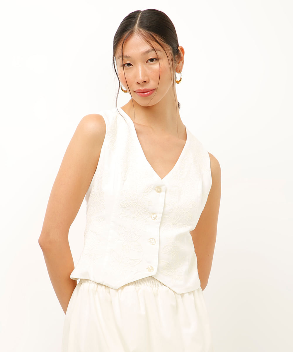colete de algodão bordado floral off white