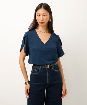 blusa texturizada manga curta azul