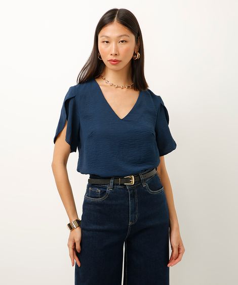blusa texturizada manga curta azul