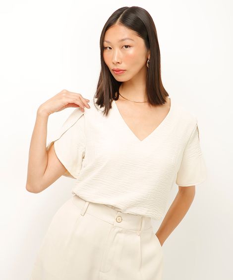 blusa texturizada manga curta bege