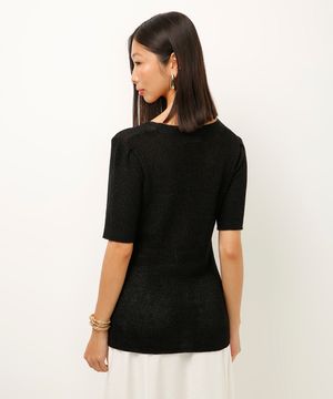 blusa de tricot decote v com brilho preta