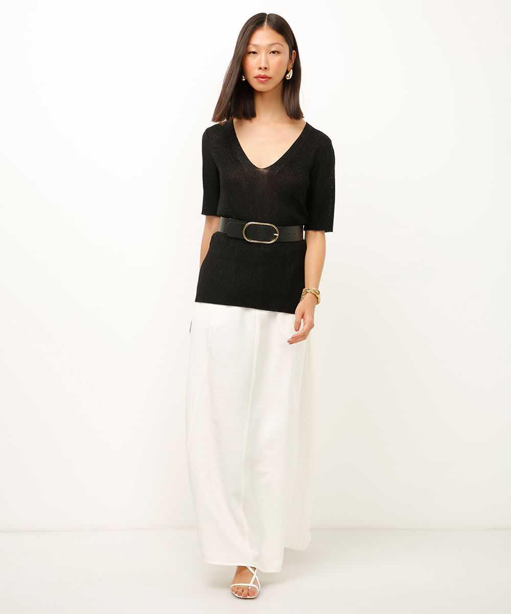blusa de tricot decote v com brilho preta