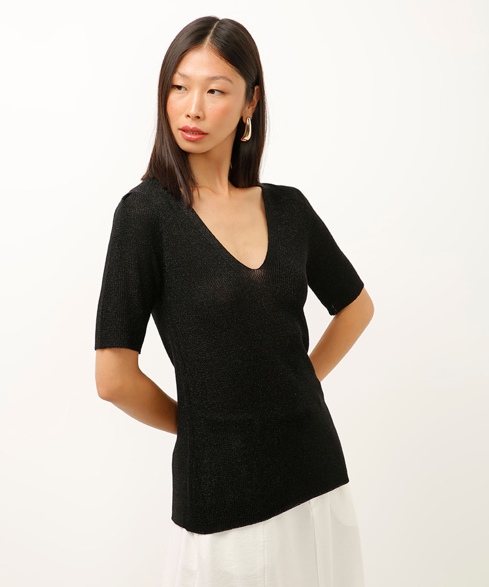 blusa de tricot decote v com brilho preta
