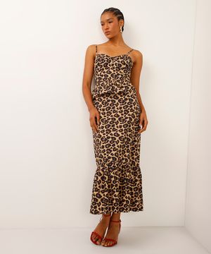 vestido midi de algodão animal print bege