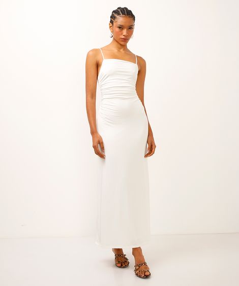 vestido longo franzido alça fina off white