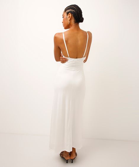 vestido longo franzido alça fina off white
