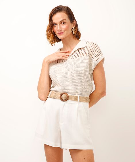 short com linho cintura alta e cinto off white