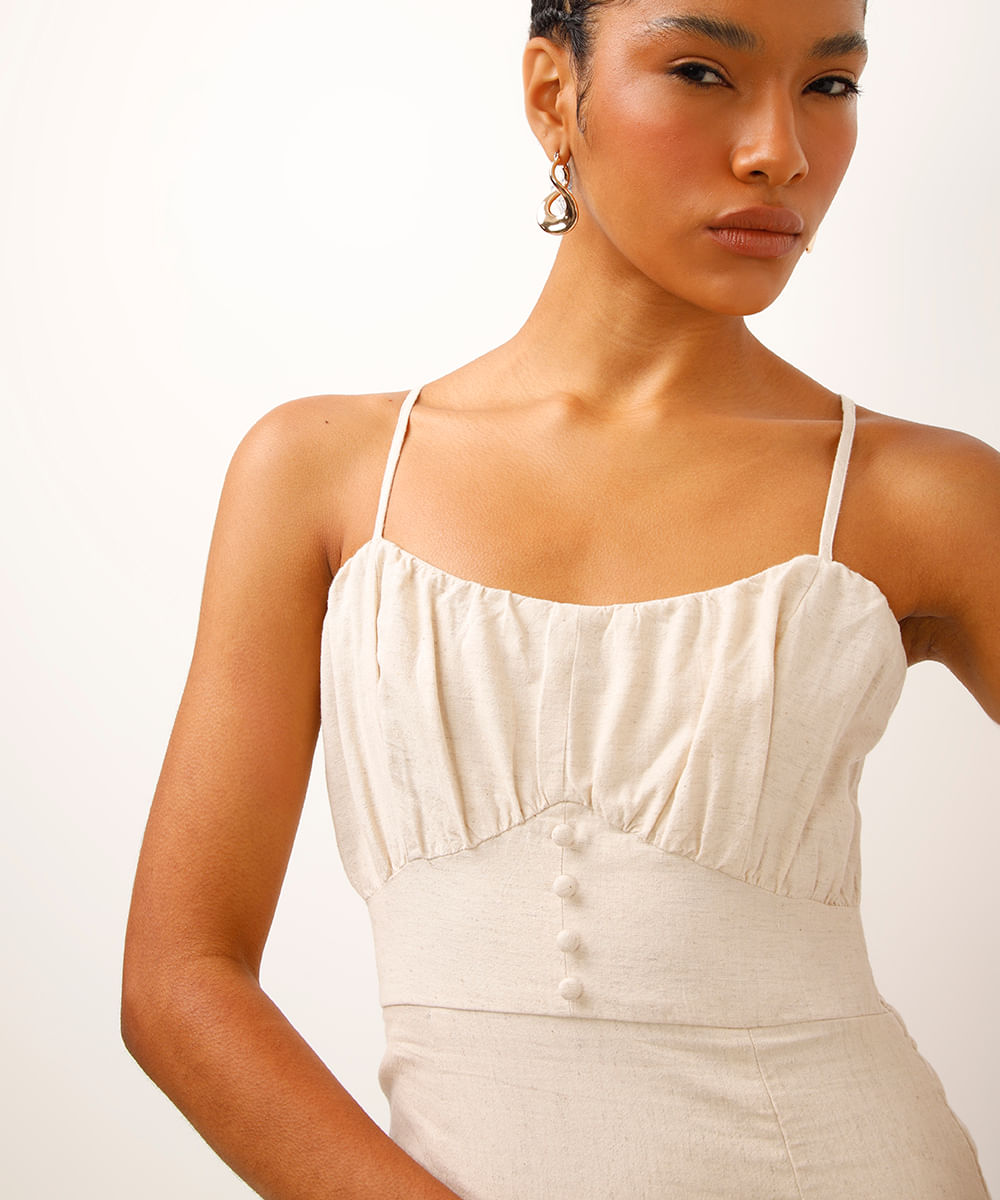 vestido midi com linho bordado bege