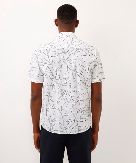 camisa comfort com linho folhagens branca