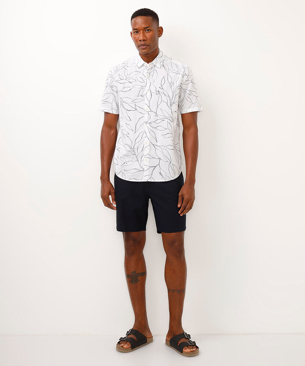 camisa comfort com linho folhagens branca