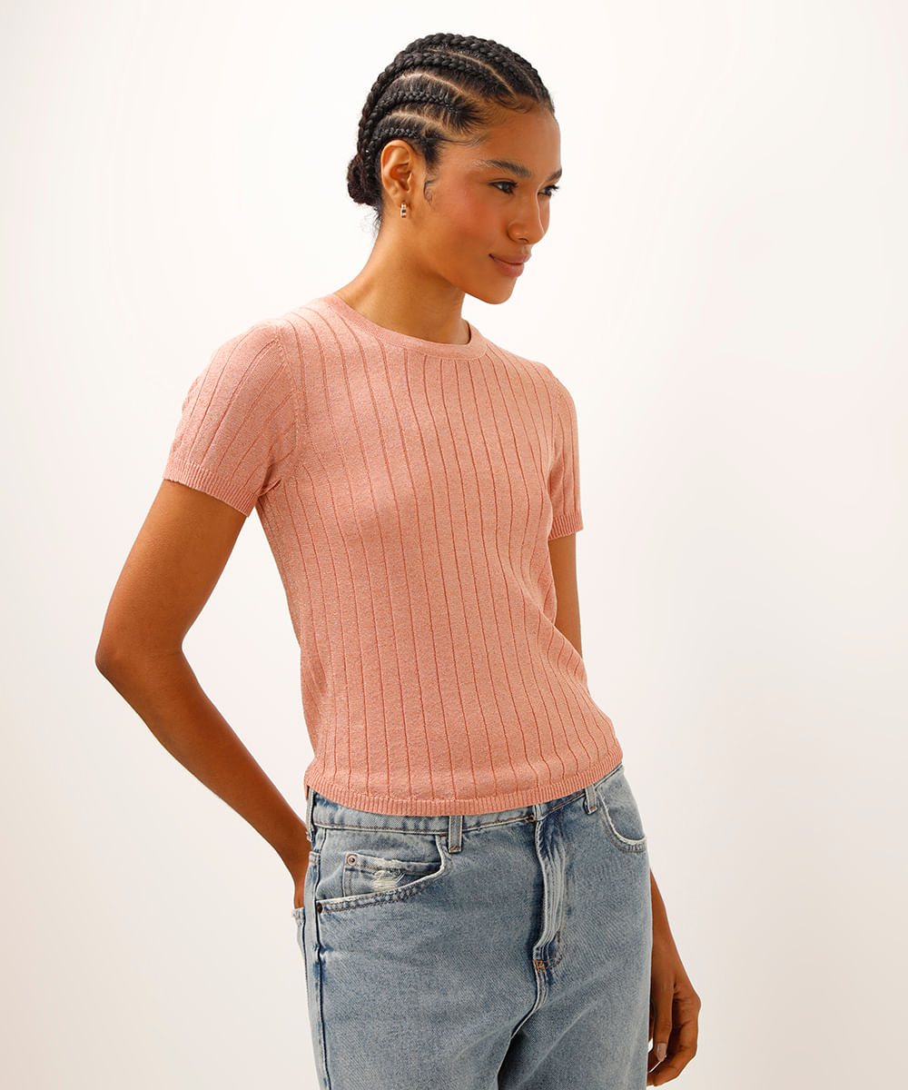 blusa de tricot canelada com lurex rosa