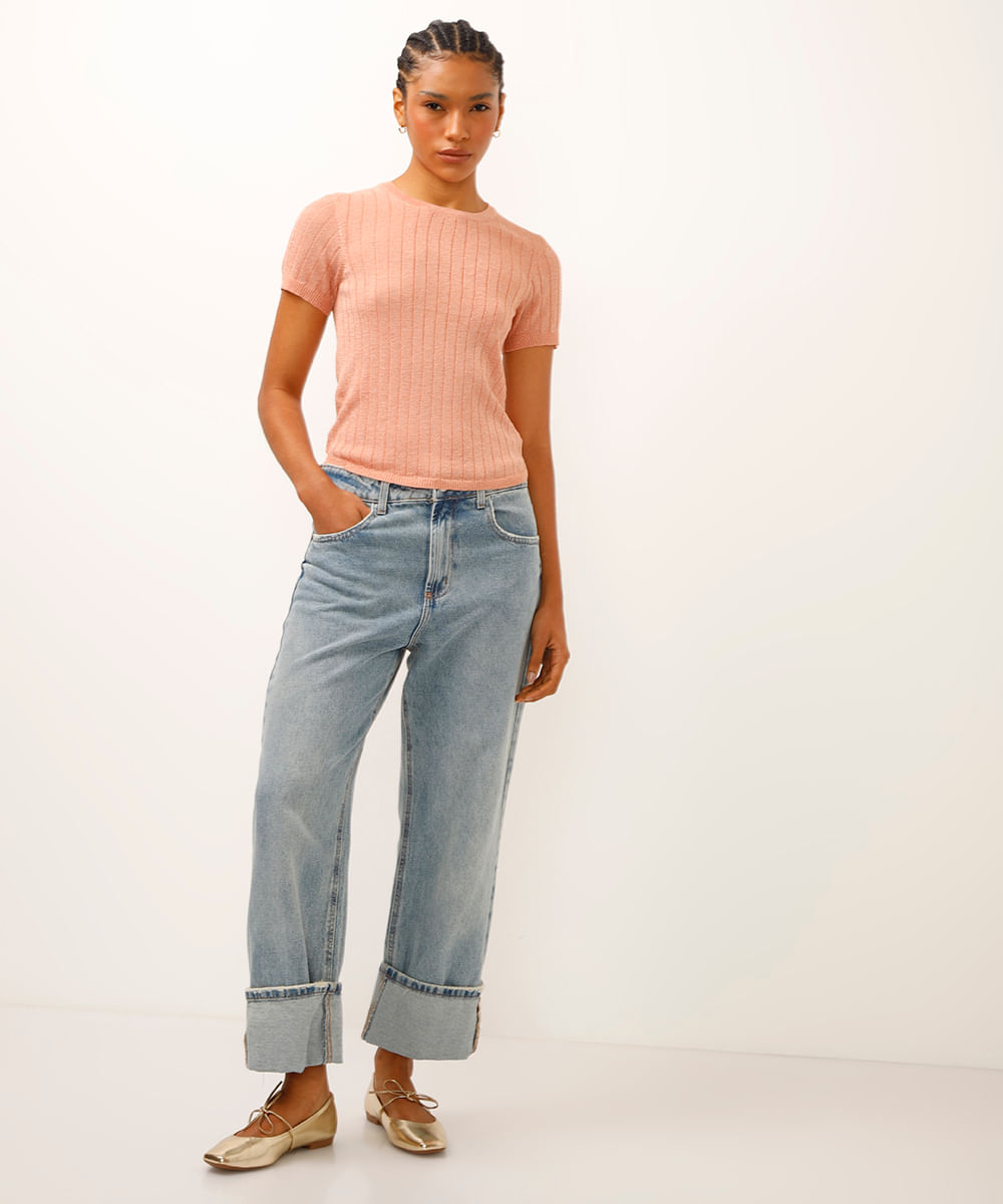 blusa de tricot canelada com lurex rosa