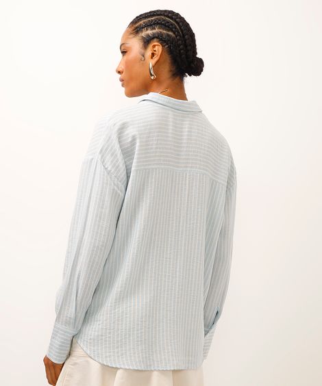 camisa com linho manga longa listrada azul