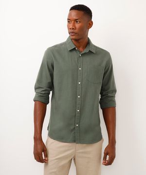 camisa comfort com linho manga longa verde