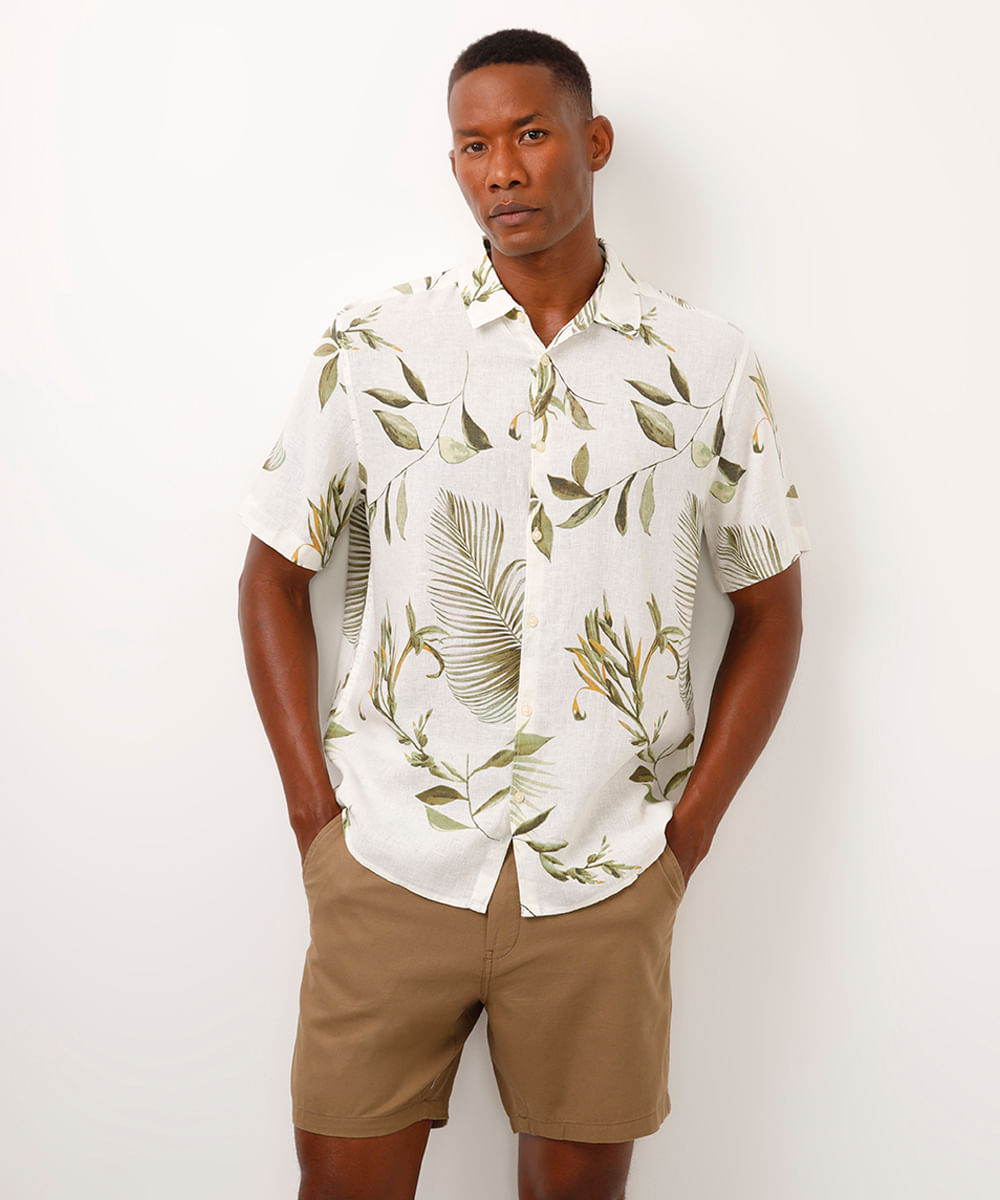 camisa comfort com linho folhagens bege
