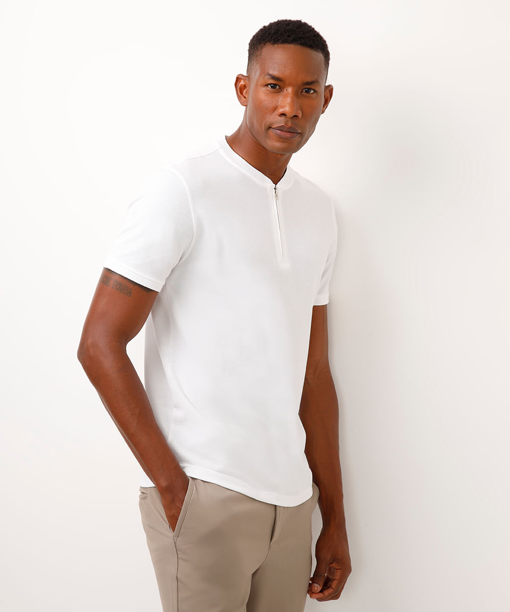 polo slim gola padre com zíper branca