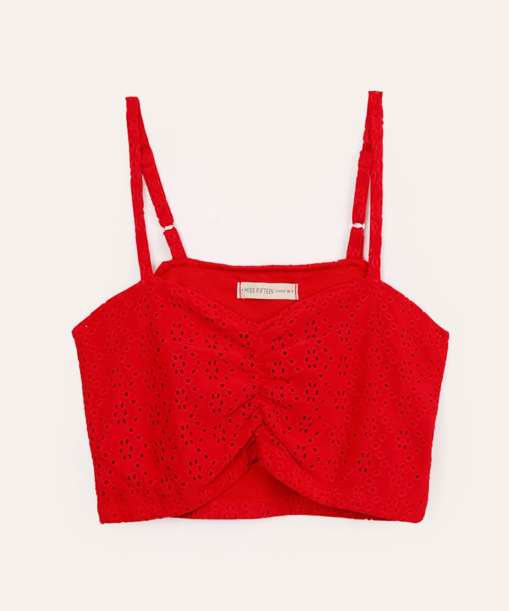 cropped juvenil de laise com franzido alça fina vermelho