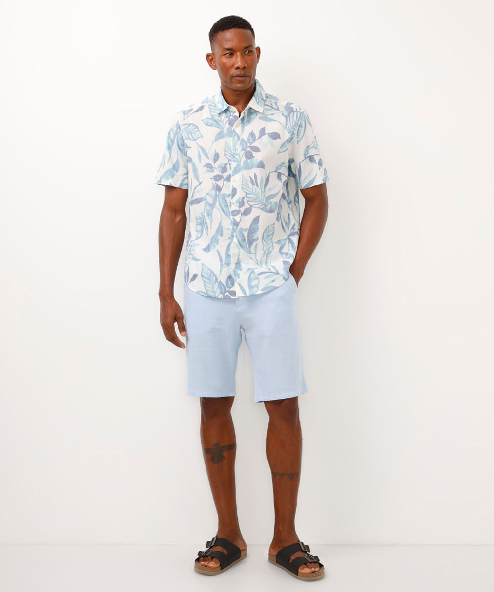 camisa comfort com linho folhagens off white