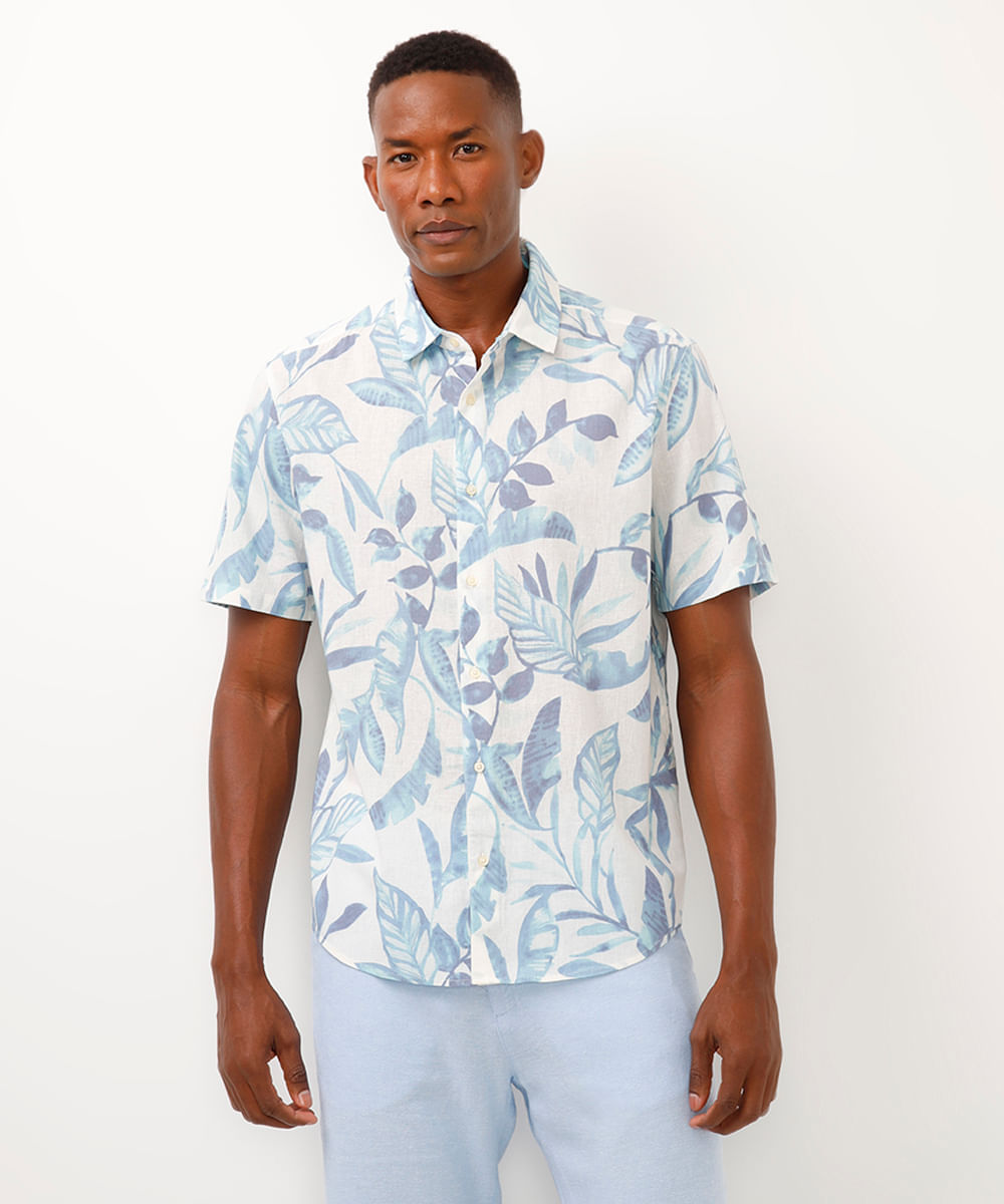 camisa comfort com linho folhagens off white