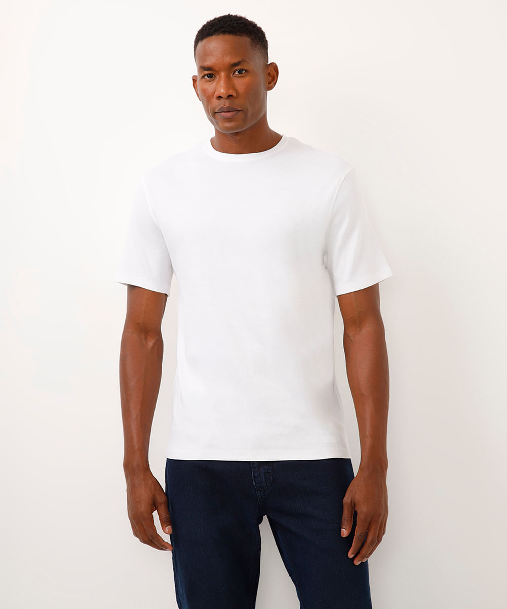 camiseta de algodão canelada manga curta branca