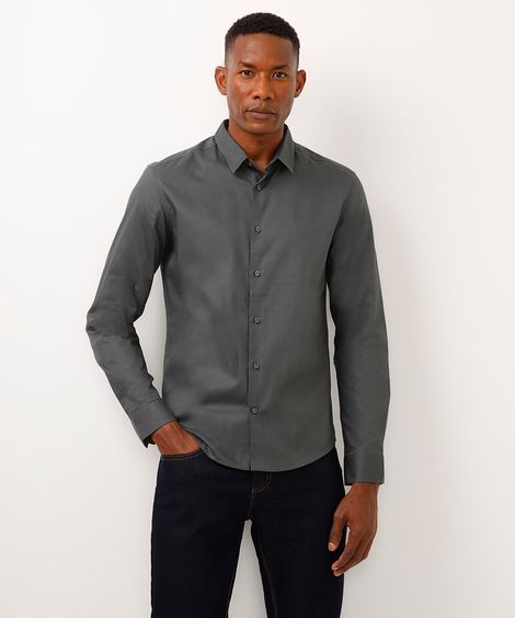 camisa slim de algodão manga longa texturizada verde