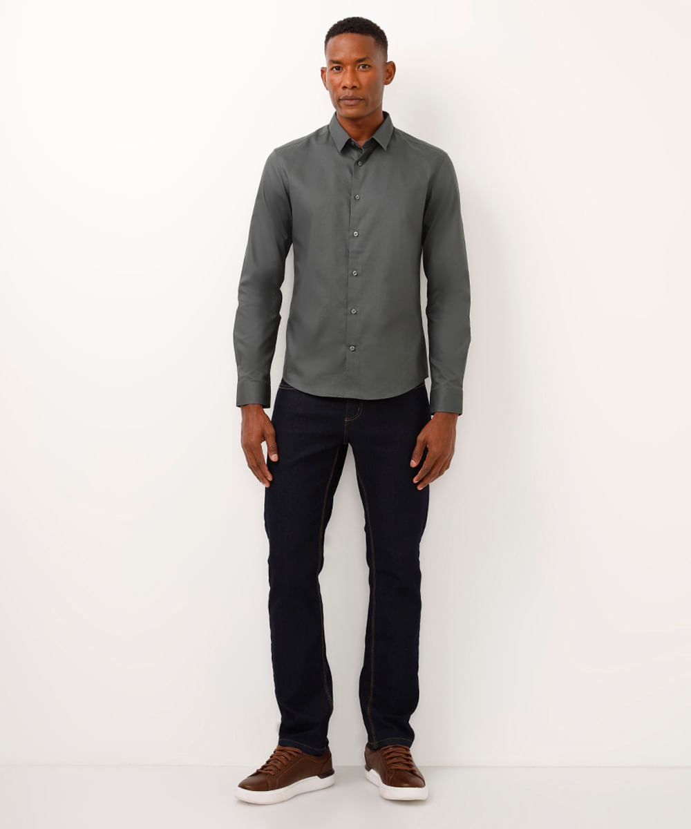 camisa slim de algodão manga longa texturizada verde